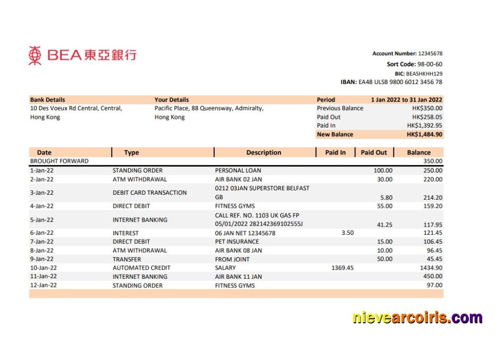 Hong Kong BEA bank statement
